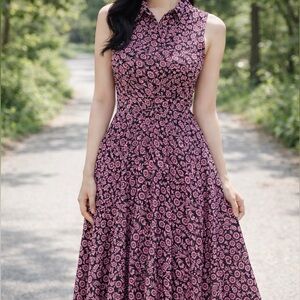 Nanette Lepore Pink and Black Floral Print Sleeveless Midi Dress